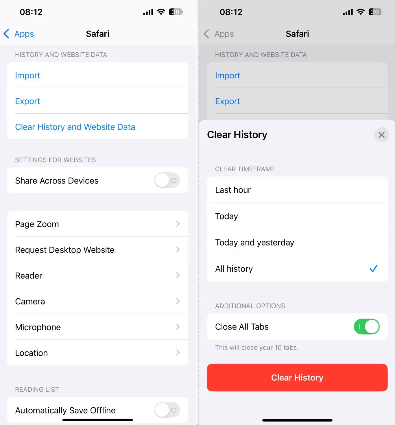 iPhone safari settings to clear history