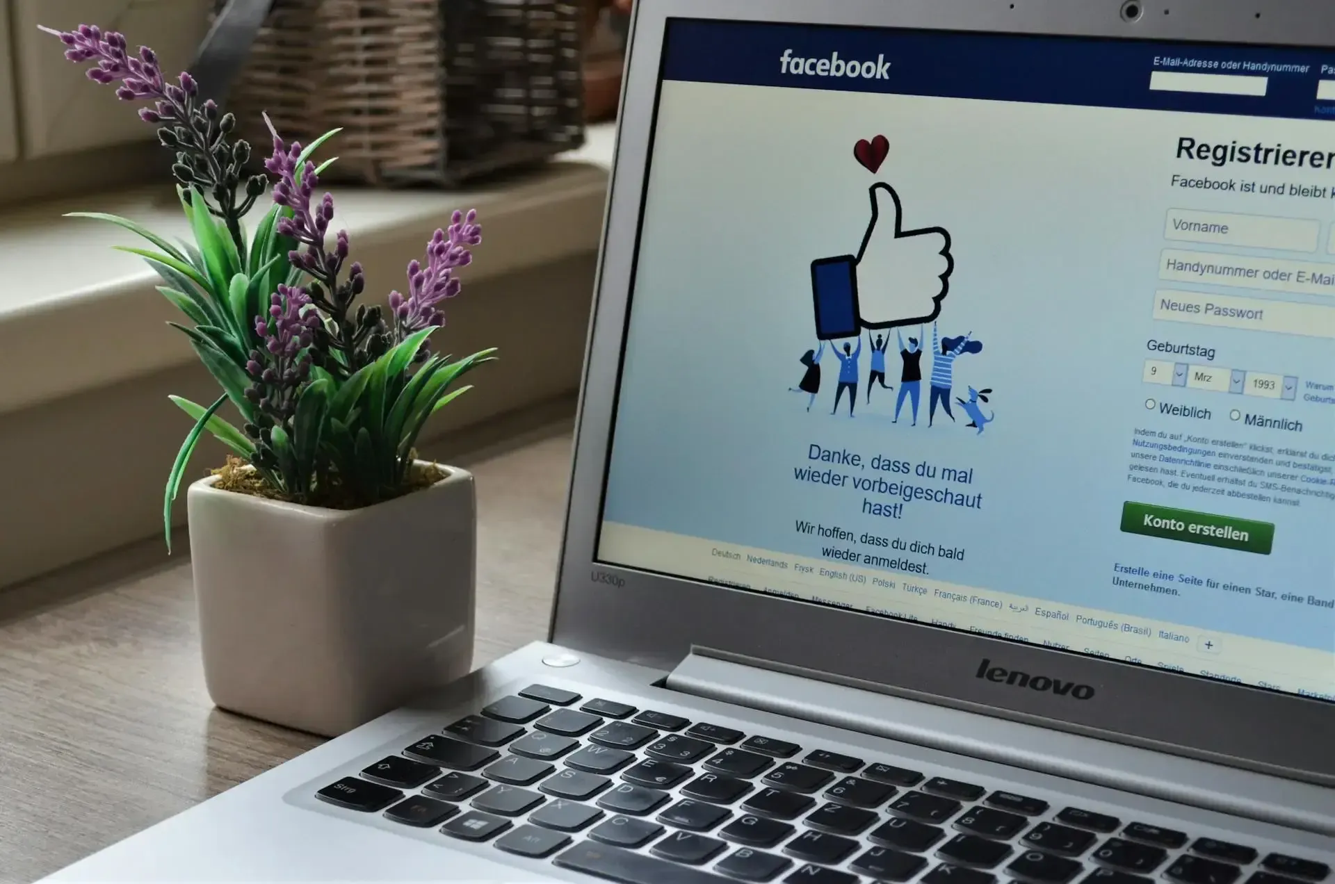 Facebook website on login page on a laptop screen with small plant beside it